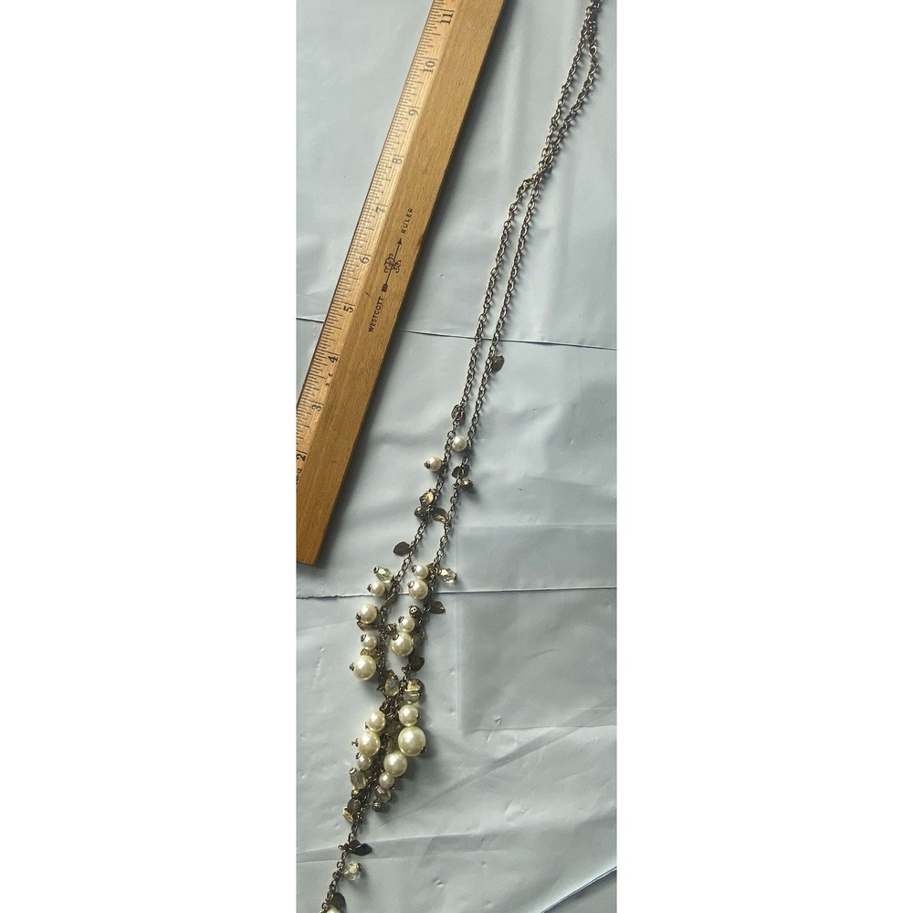 Pearl and Crystal Statement‎ Necklace Silver Tone Dangle Drop